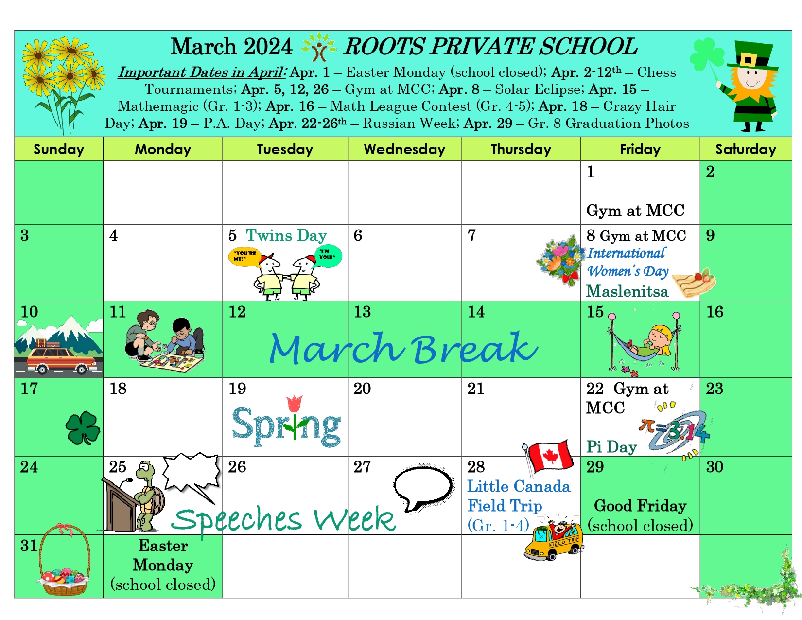 Roots Private School monthly calendar